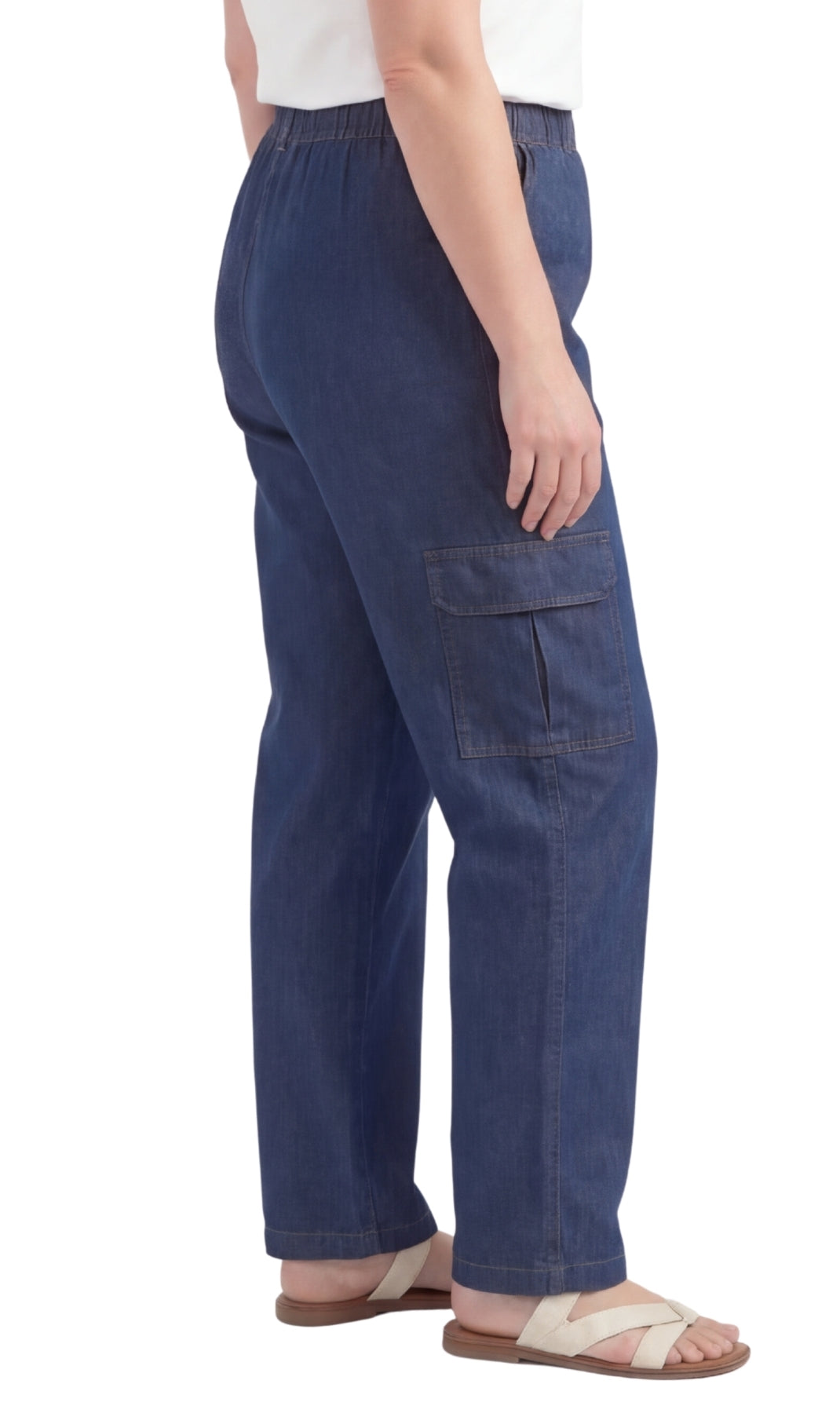 Turtle Bay New York Women's Lightweight Elastic Stretch Waist Casual Denim Pull-on Cargo Pants indigo side