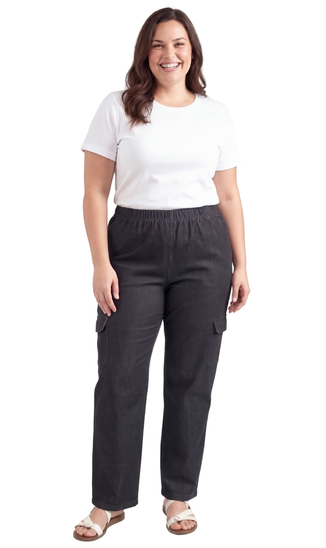 Turtle Bay New York Women's Lightweight Elastic Stretch Waist Casual Denim Pull-on Cargo Pants black full