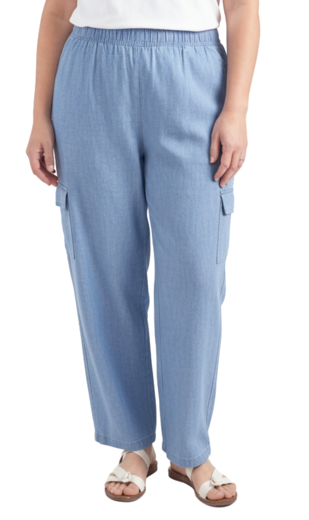 Turtle Bay New York Women's Lightweight Elastic Stretch Waist Casual Denim Pull-on Cargo Pants chambray front