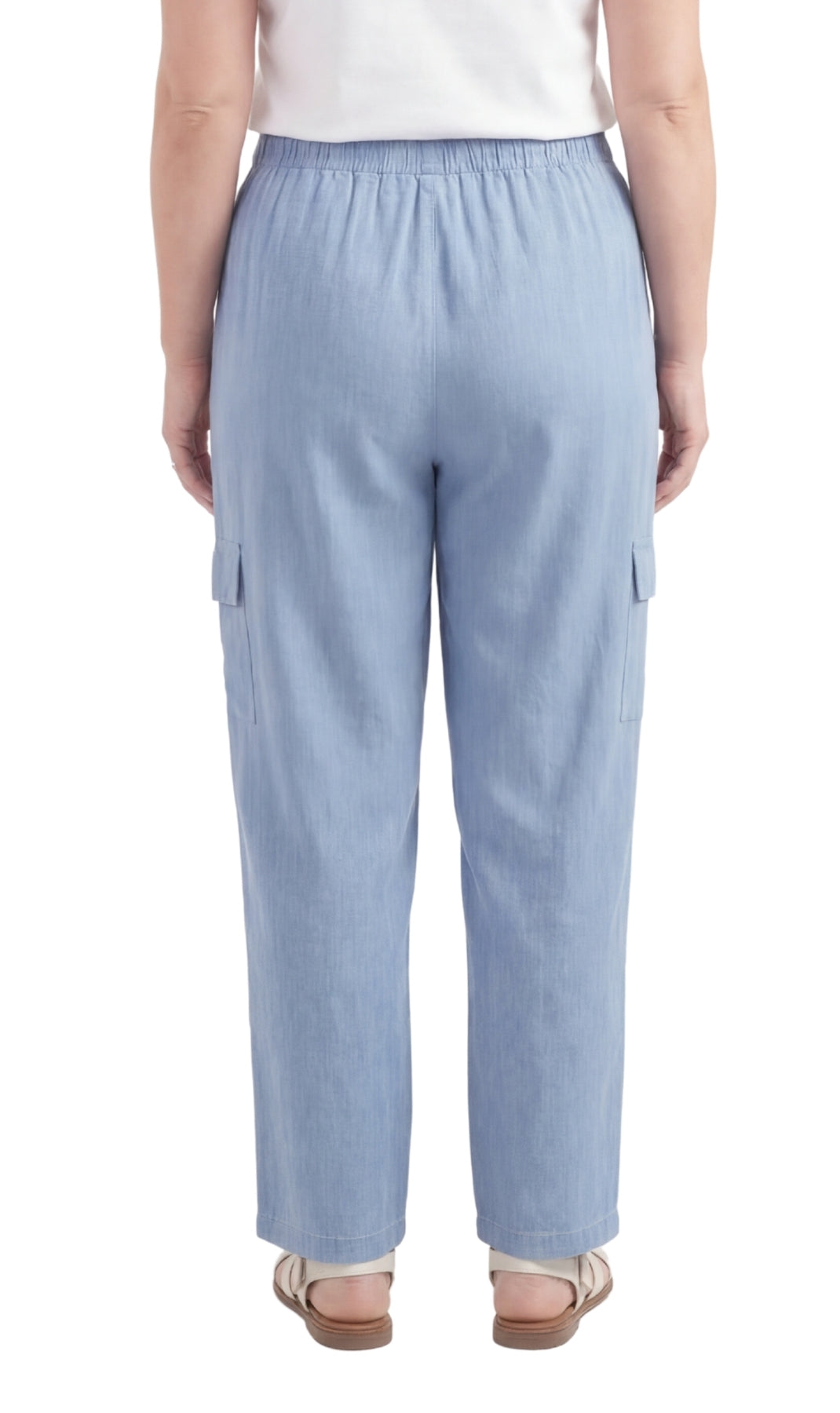 Turtle Bay New York Women's Lightweight Elastic Stretch Waist Casual Denim Pull-on Cargo Pants chambray back