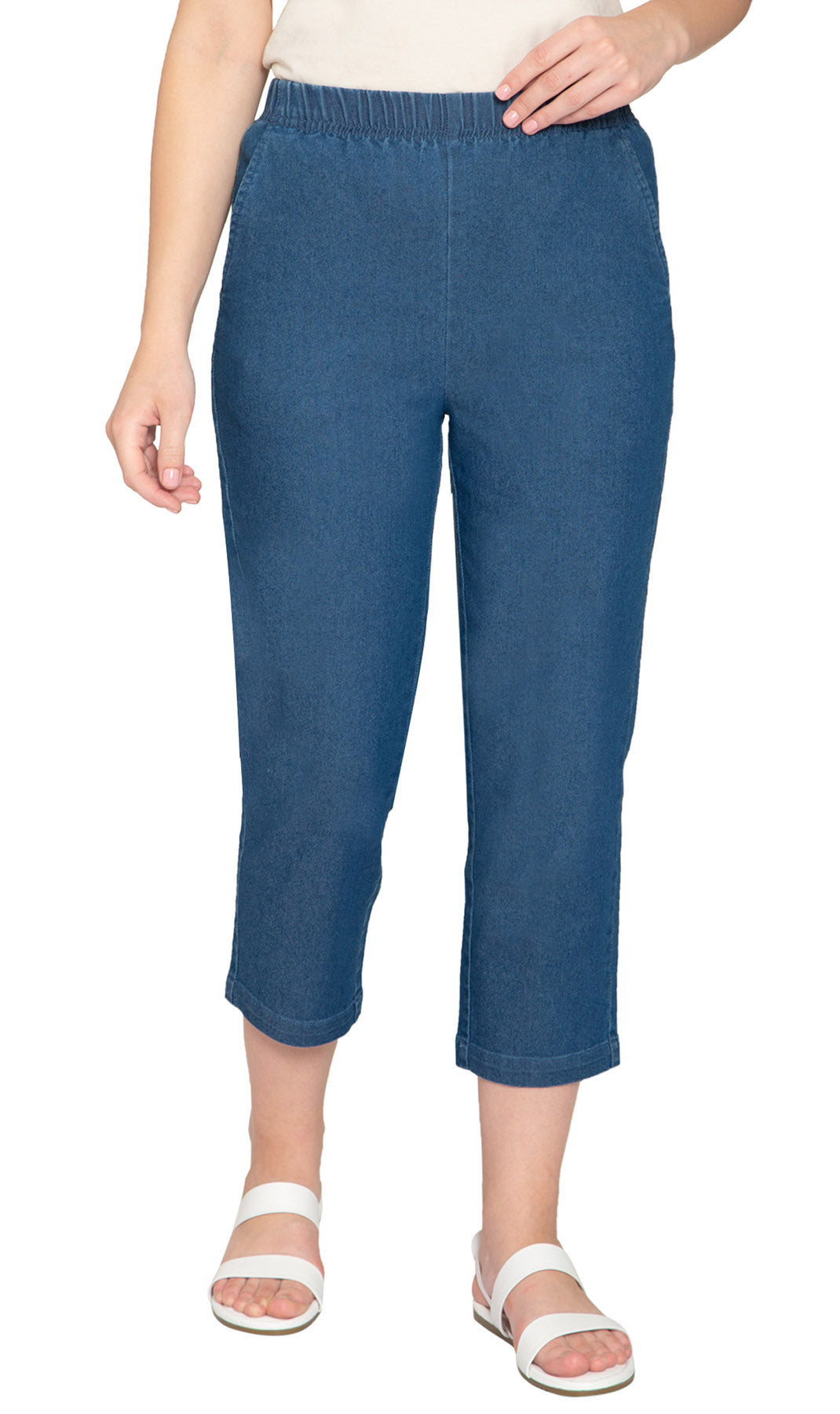 Women's Stretch Denim CaprisÔÇô Lightweight Stretch Fabric for Cool Comfort - Med Blue - Front -TURTLE BAY APPAREL