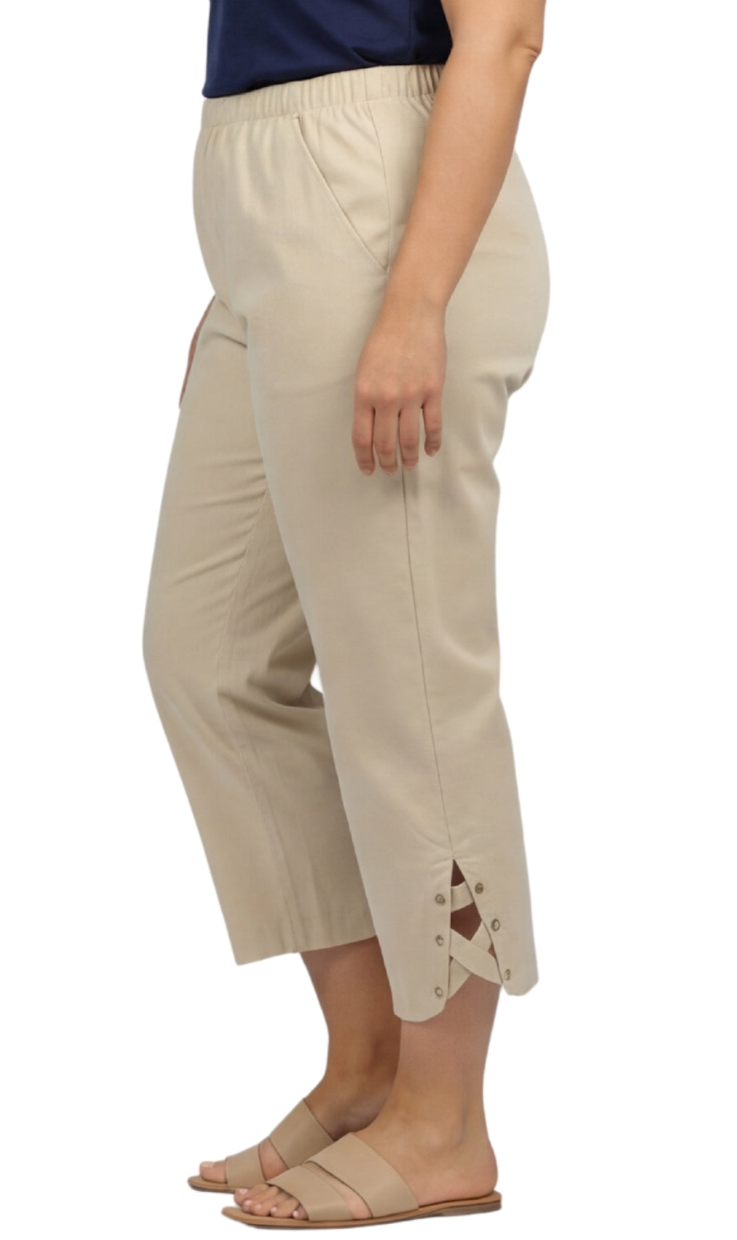 Turtle Bay New York Women’s Lightweight Capris with Studded Hem Detail stone side