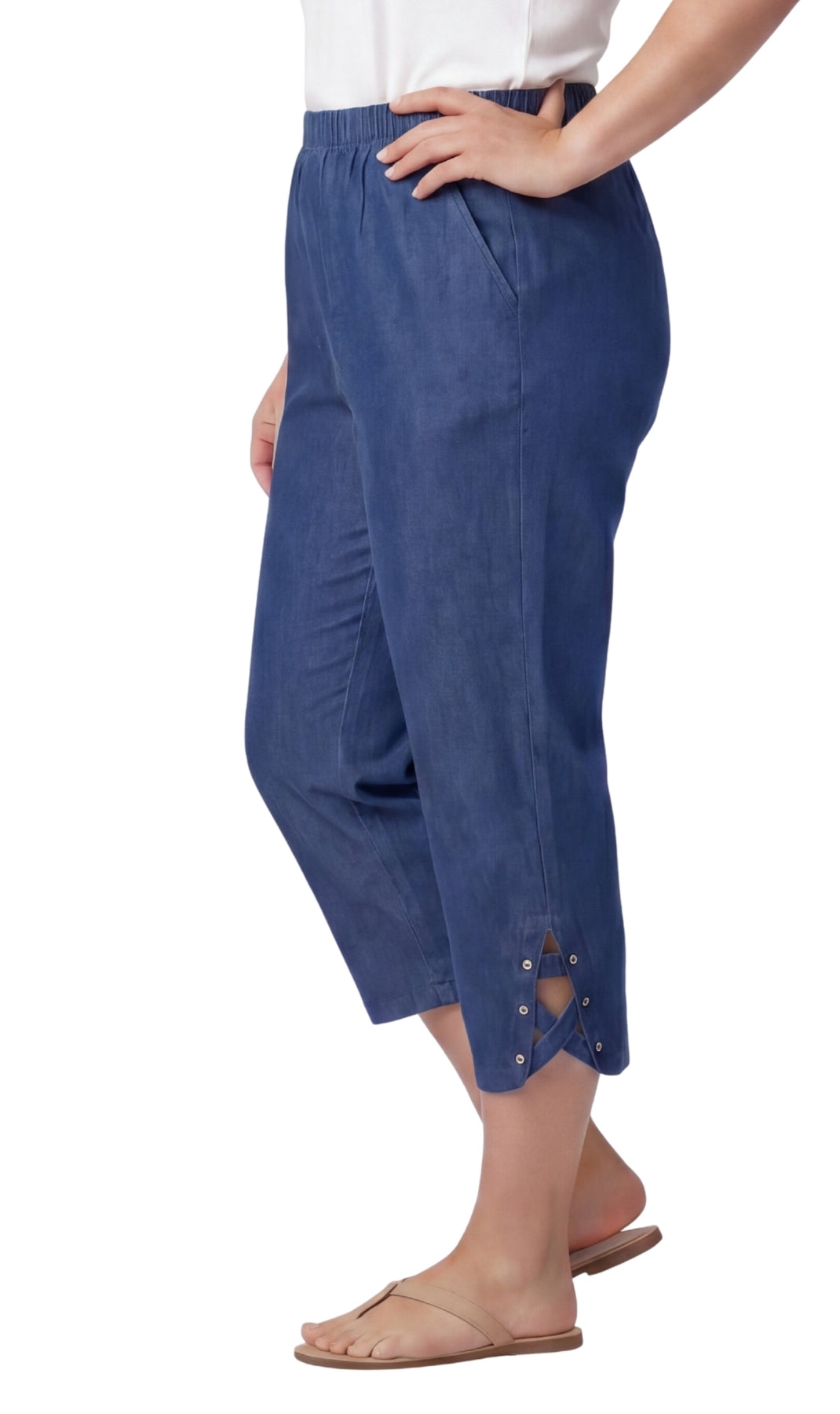 Turtle Bay New York Women’s Lightweight Capris with Studded Hem Detail indigo side
