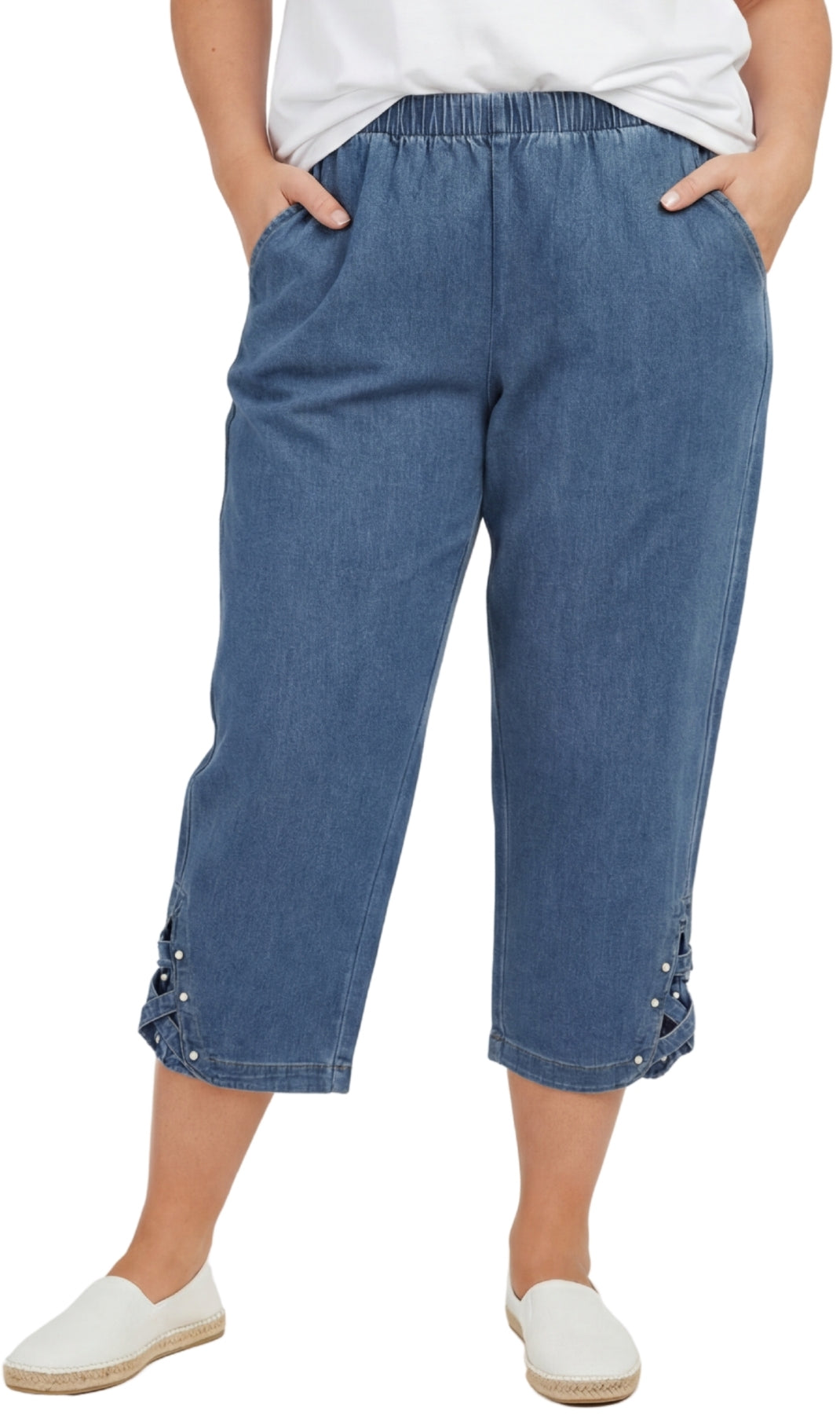 Turtle Bay New York Women’s Lightweight Capris with Studded Hem Detail medblue Front