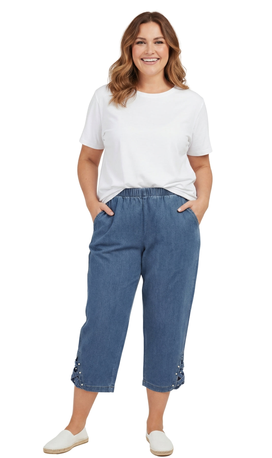 Turtle Bay New York Women’s Lightweight Capris with Studded Hem Detail medblue full