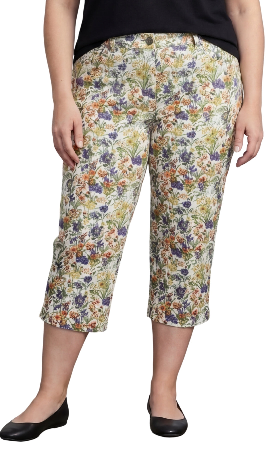 Turtle Bay New York Women's Casual Botanical Bloom Capri Pants with Front Pockets and A Consealed Zipper Multi Floral front