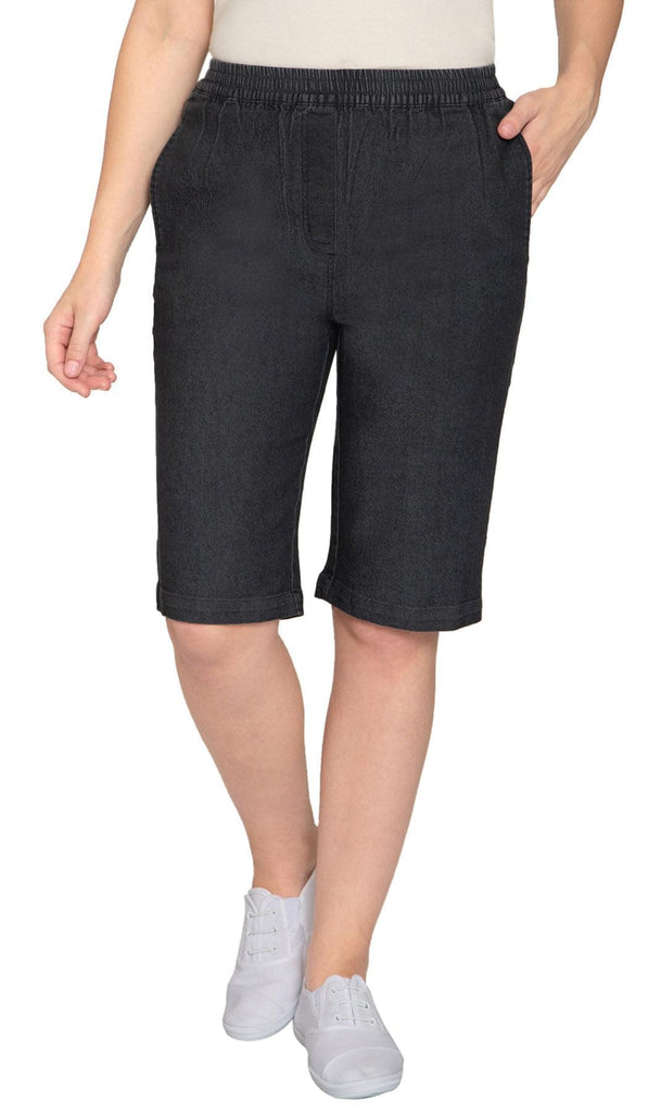 Women's Denim Pull On Bermuda Shorts - Easy Pull On Styles in Lightweight Denim -  Black  - Front - TURTLE BAY APPAREL