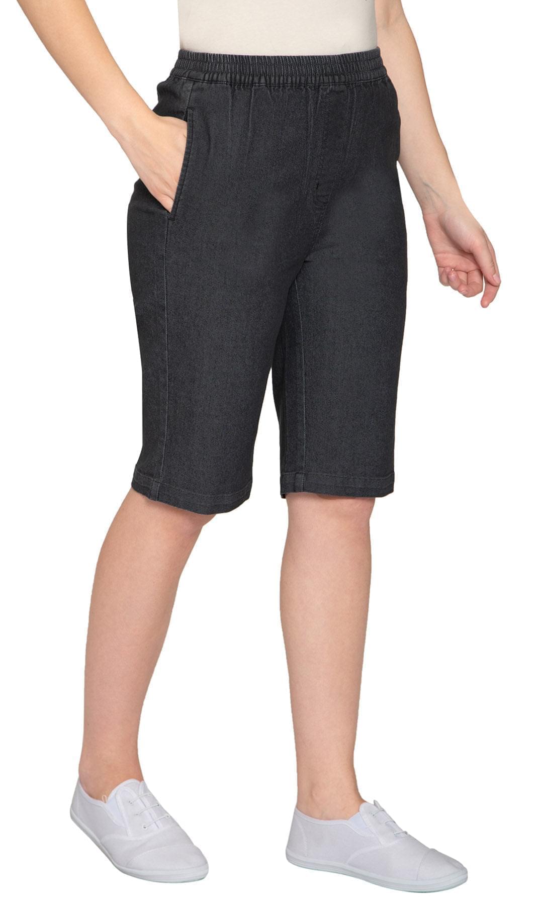 Women's Denim Pull On Bermuda Shorts - Easy Pull On Styles in Lightweight Denim -  Black  - Side - TURTLE BAY APPAREL