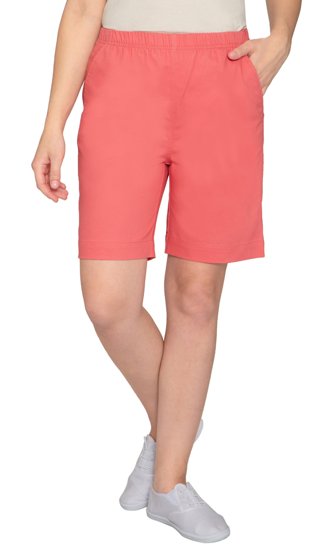 Women's Pull On Denim Shorts ÔÇô Stretch Waist Frees You from Binding Zippers and Buttons -  Coral Rose- Front -  TURTLE BAY APPAREL