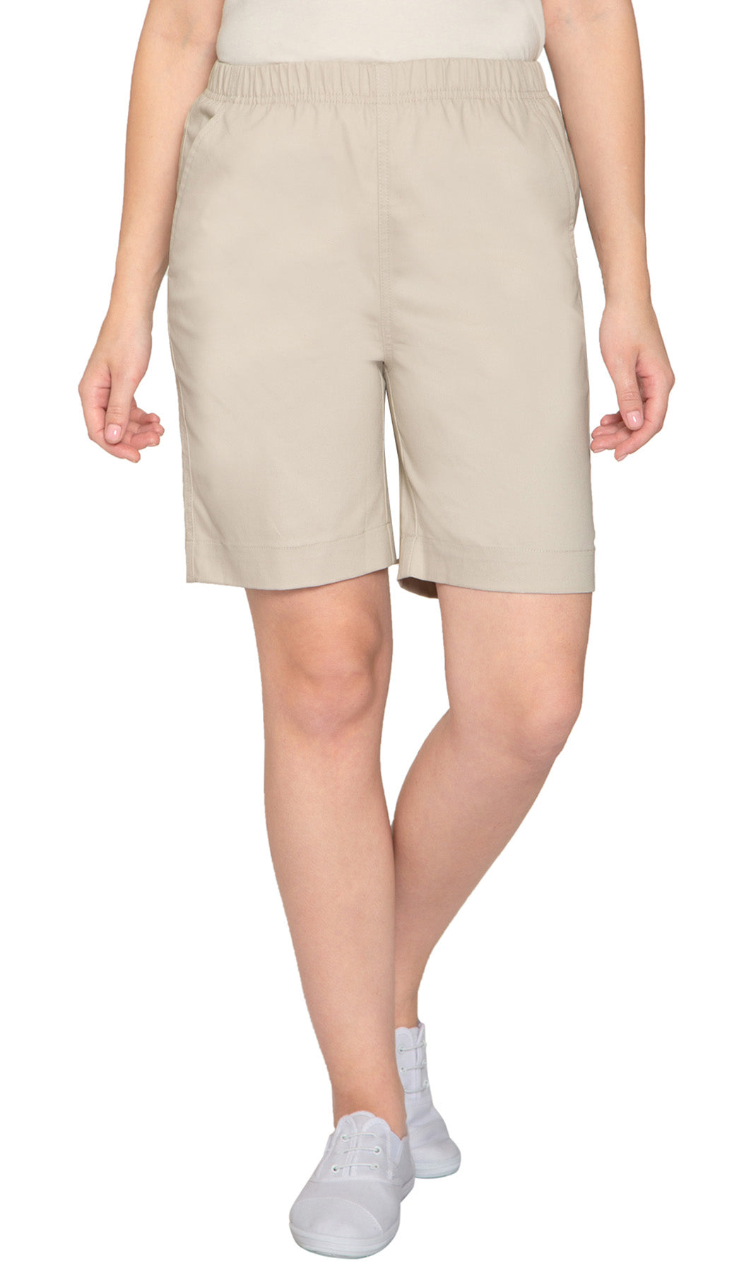 Women's Pull On Denim Shorts ÔÇô Stretch Waist Frees You from Binding Zippers and Buttons - Stone- Front - TURTLE BAY APPAREL