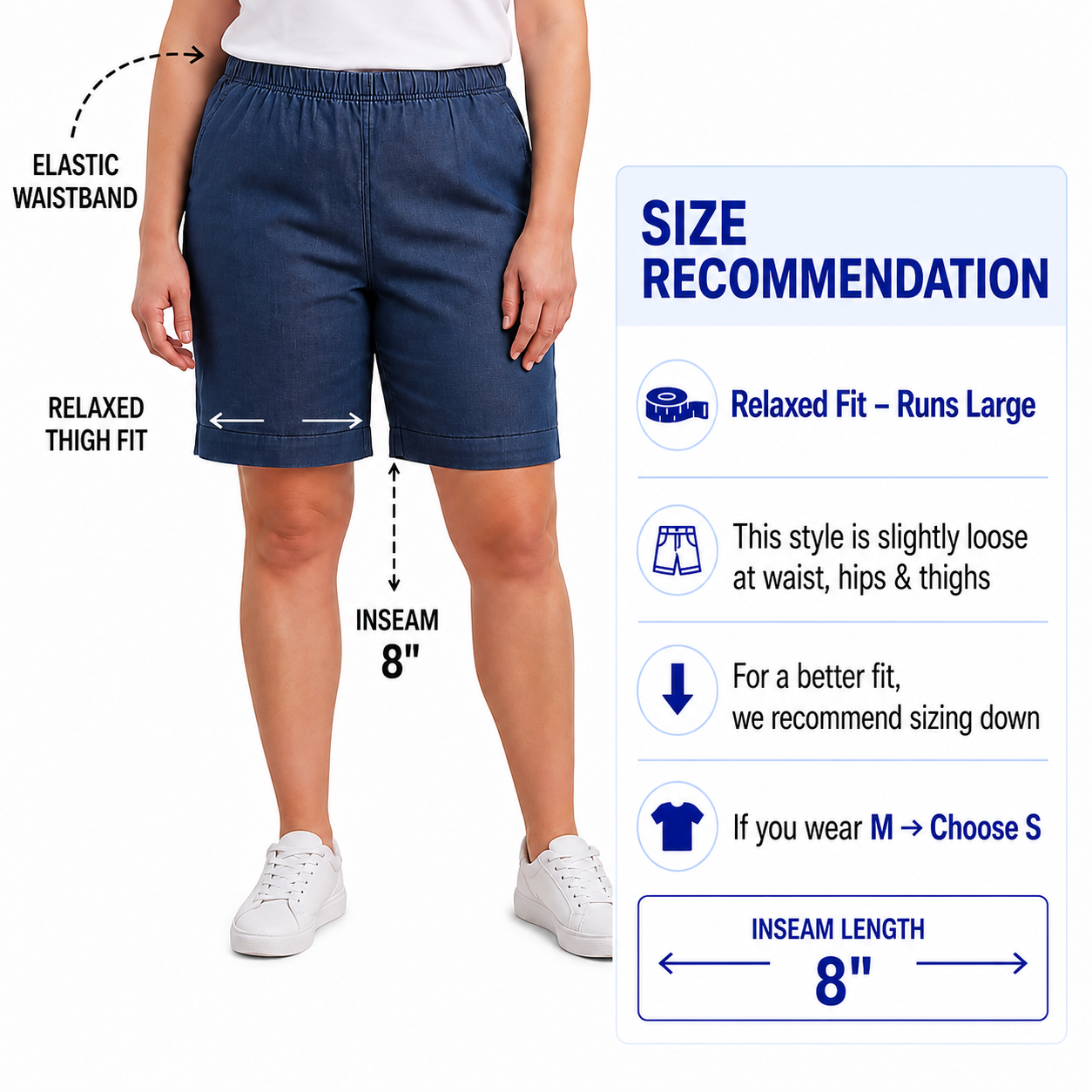 Women's Pull-On Denim and Twill Shorts — Stretch Waist No Zipper 36