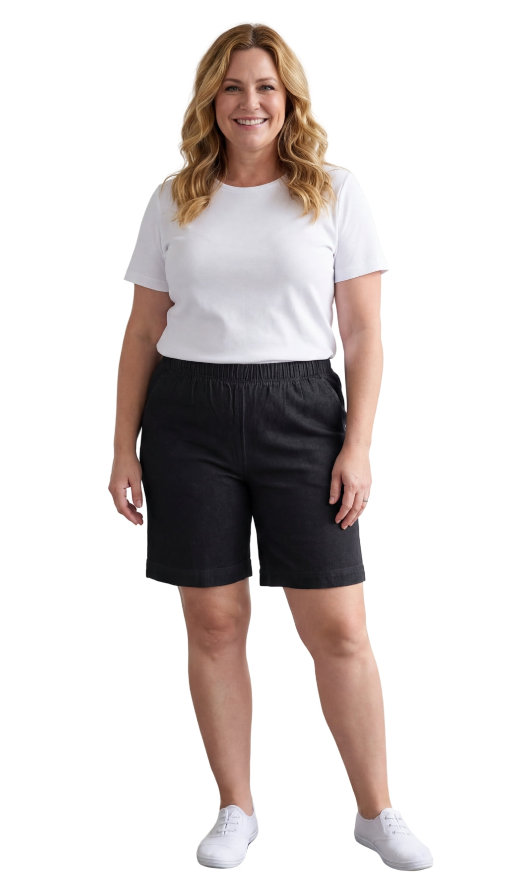 Turtle Bay New York Women's Pull On Denim & Twill Shorts with stretch waist - No zipper or buttons black full