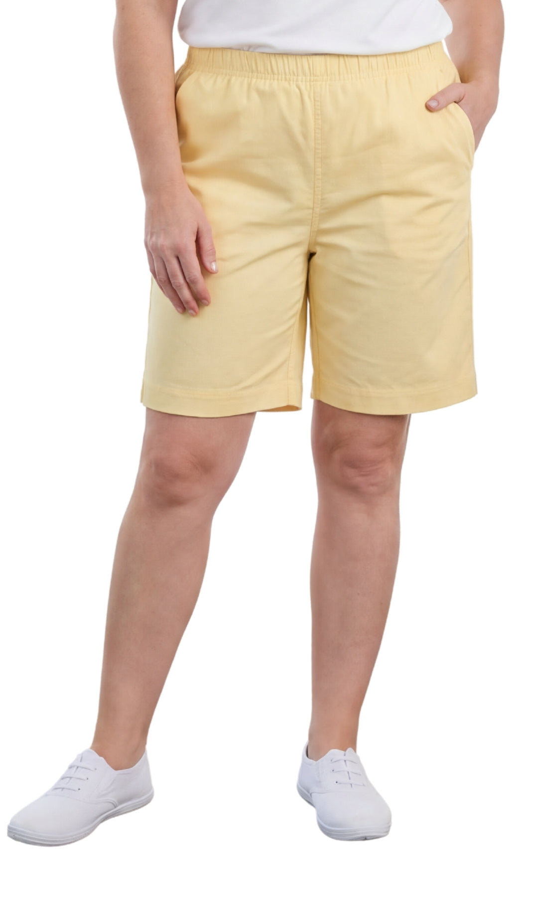 Turtle Bay New York Women's Pull On Denim & Twill Shorts with stretch waist - No zipper or buttons banana front