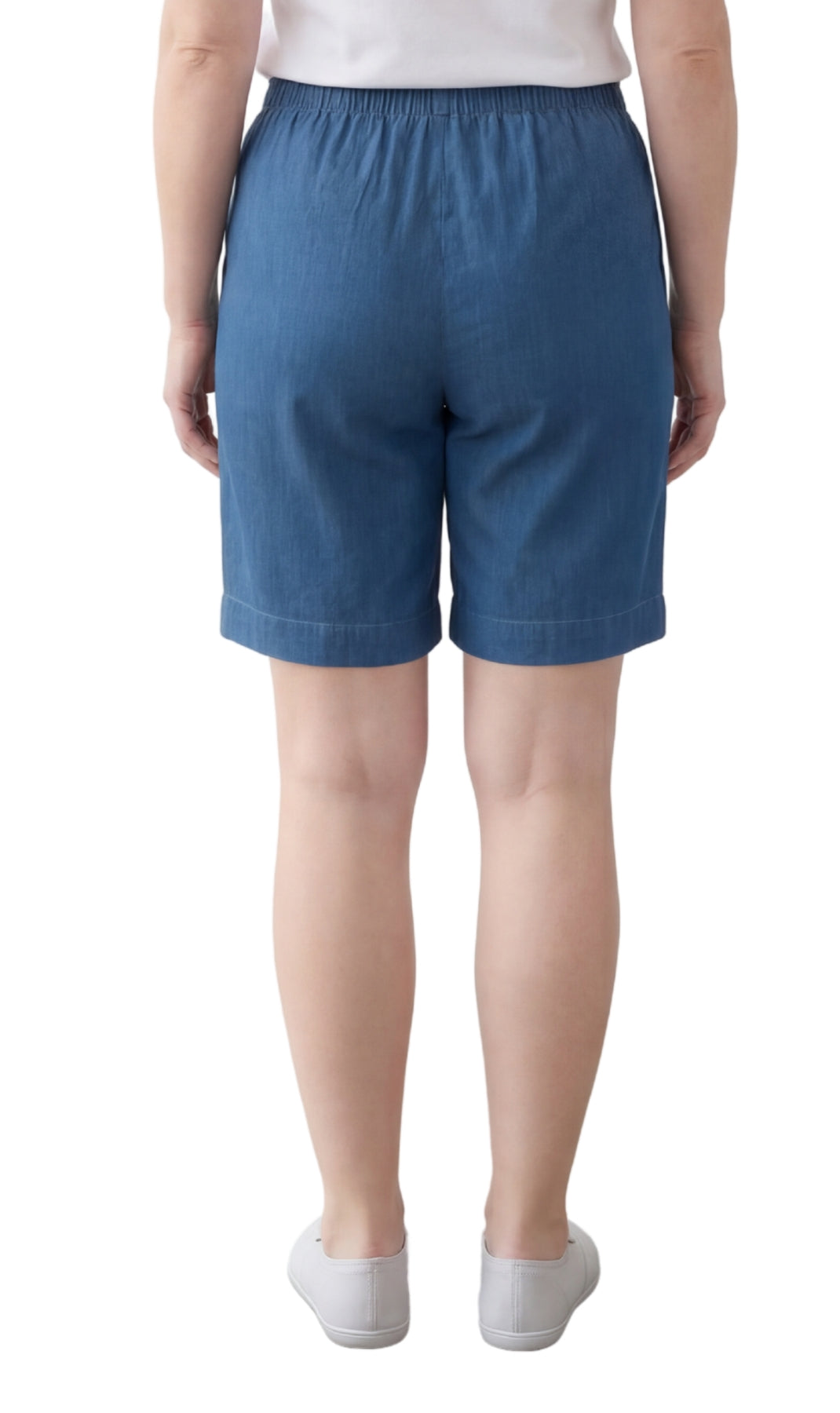 Turtle Bay New York Women's Pull On Denim & Twill Shorts with stretch waist - No zipper or buttons med blue back