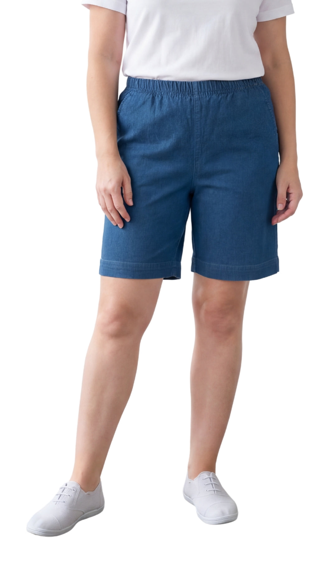 Turtle Bay New York Women's Pull On Denim & Twill Shorts with stretch waist - No zipper or buttons med blue front