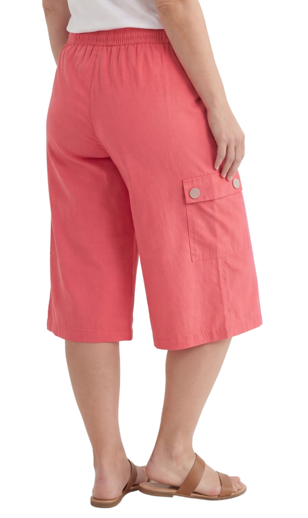 Turtle Bay New York Women's 100% Calcutta Cotton Split Skirt Culottes with Cargo Pockets coral back