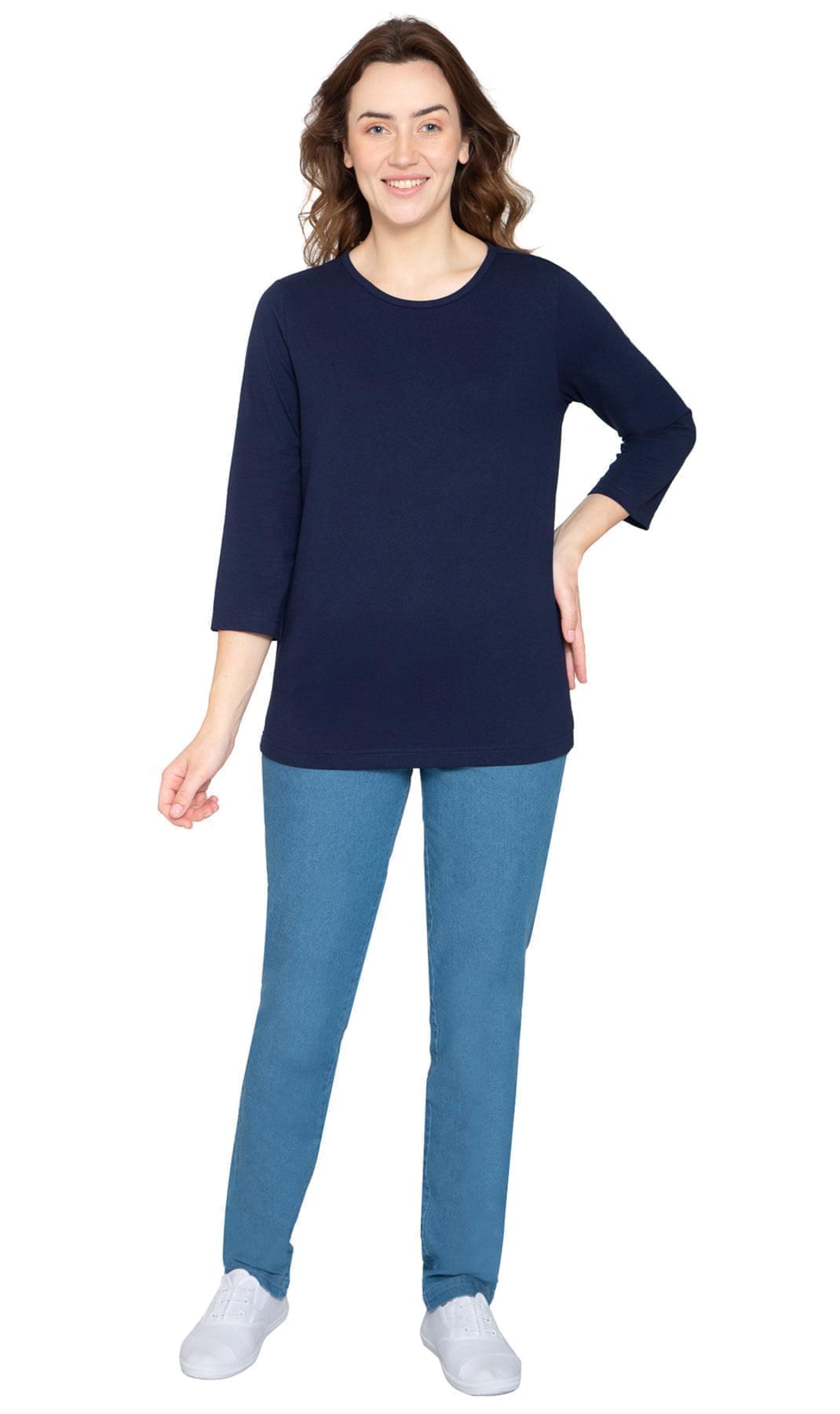 Women's 3/4 Sleeve Crew Neck Top - Comfortable Jersey Knit to Dress Up or Down - Navy - Full- TURTLE BAY APPAREL