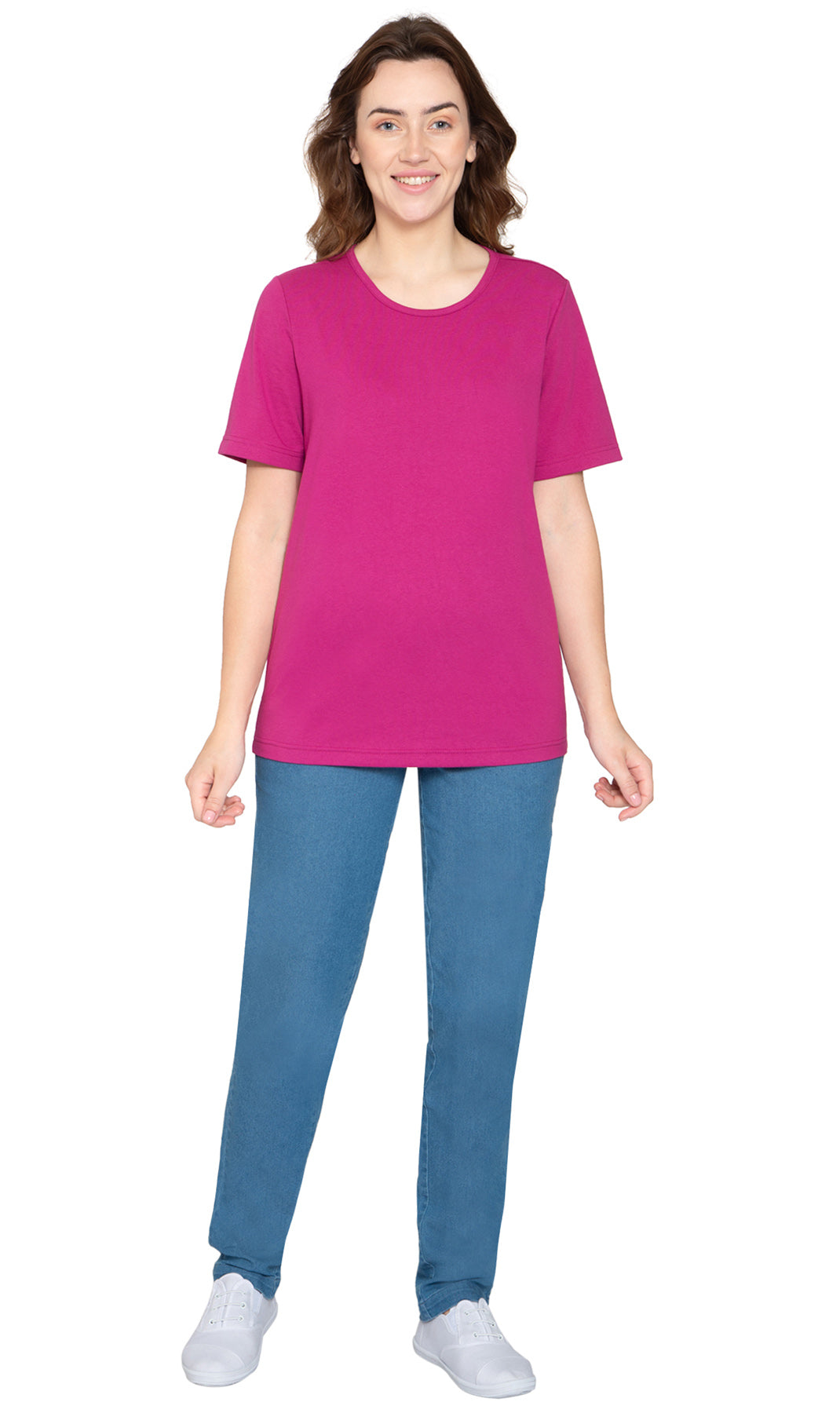 Women's Short Sleeve Crew Neck Knit Tee - Deep Orchid- Full - TURTLE BAY APPAREL