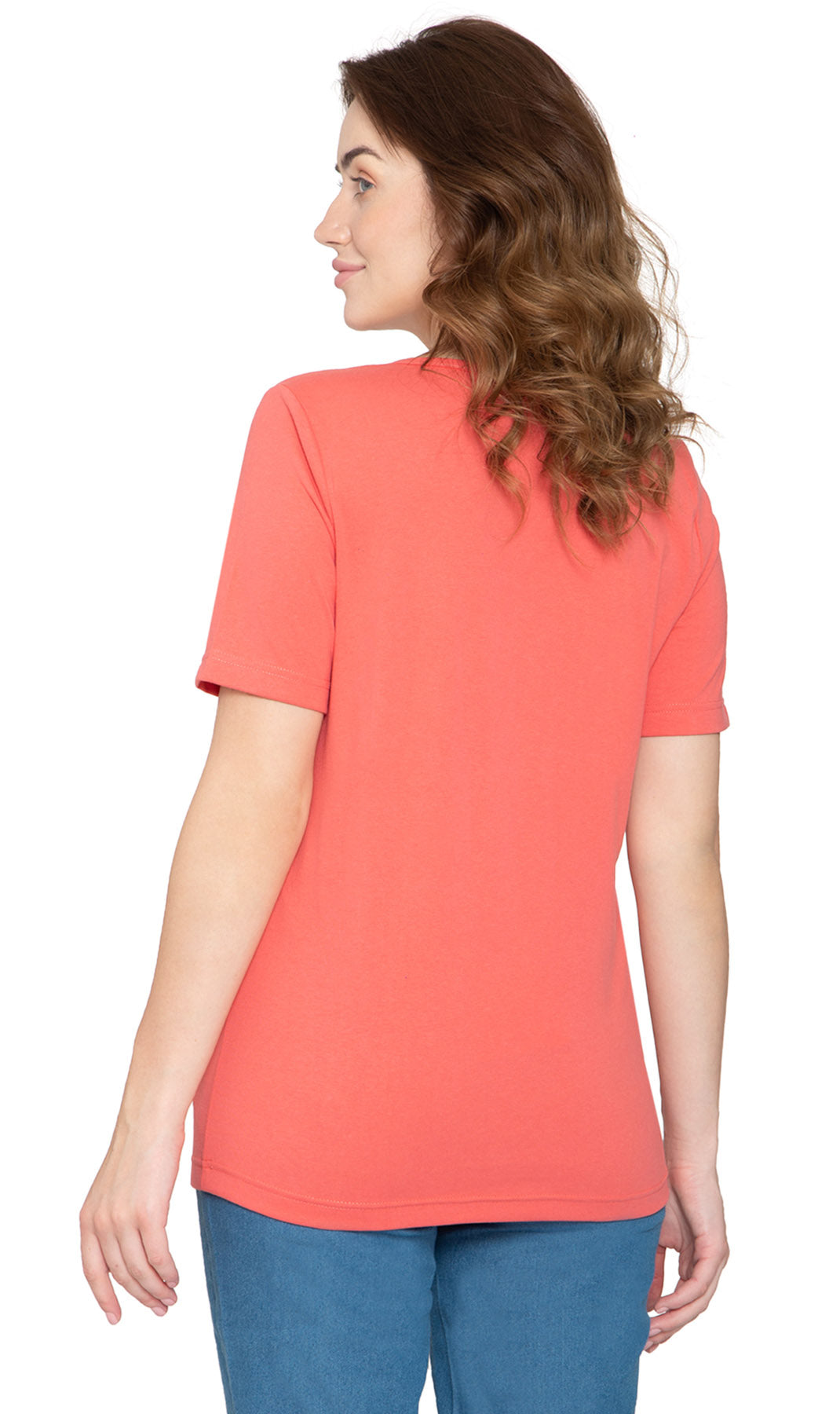 Women's V Neck Knit TeeÔÇô Hits at the Hip for Longer Coverage and a Sleeker Fit - Coral- Back - TURTLE BAY APPAREL