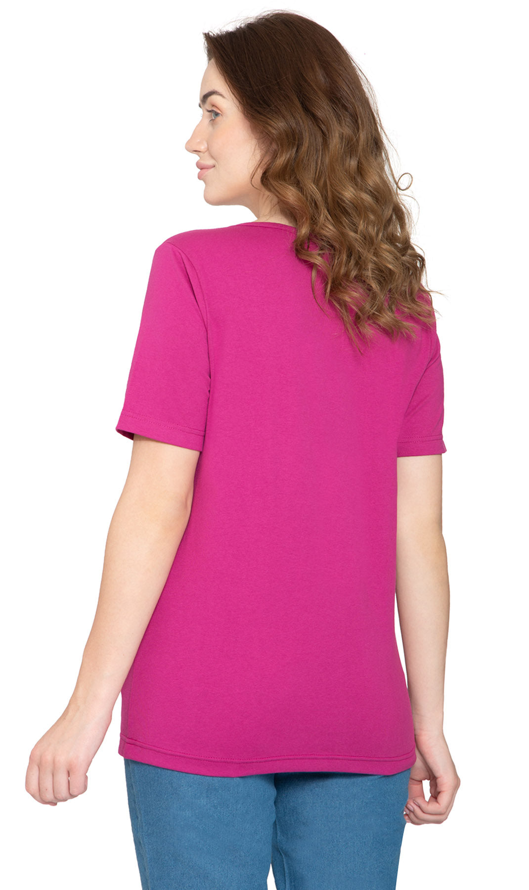 Women's V Neck Knit TeeÔÇô Hits at the Hip for Longer Coverage and a Sleeker Fit - Deep Orchid- Back -  TURTLE BAY APPAREL