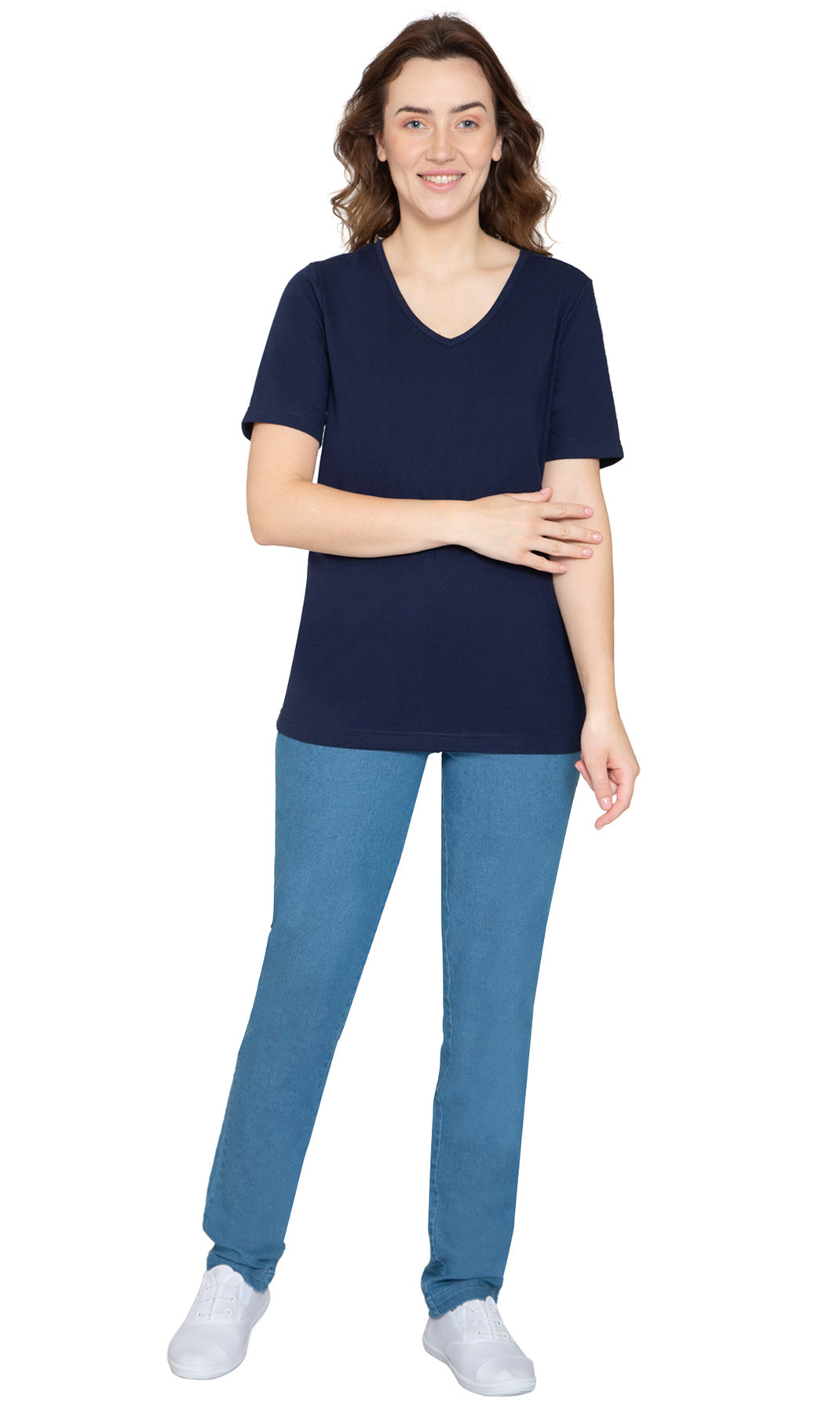 Women's V Neck Knit TeeÔÇô Hits at the Hip for Longer Coverage and a Sleeker Fit - Navy - Full -  TURTLE BAY APPAREL