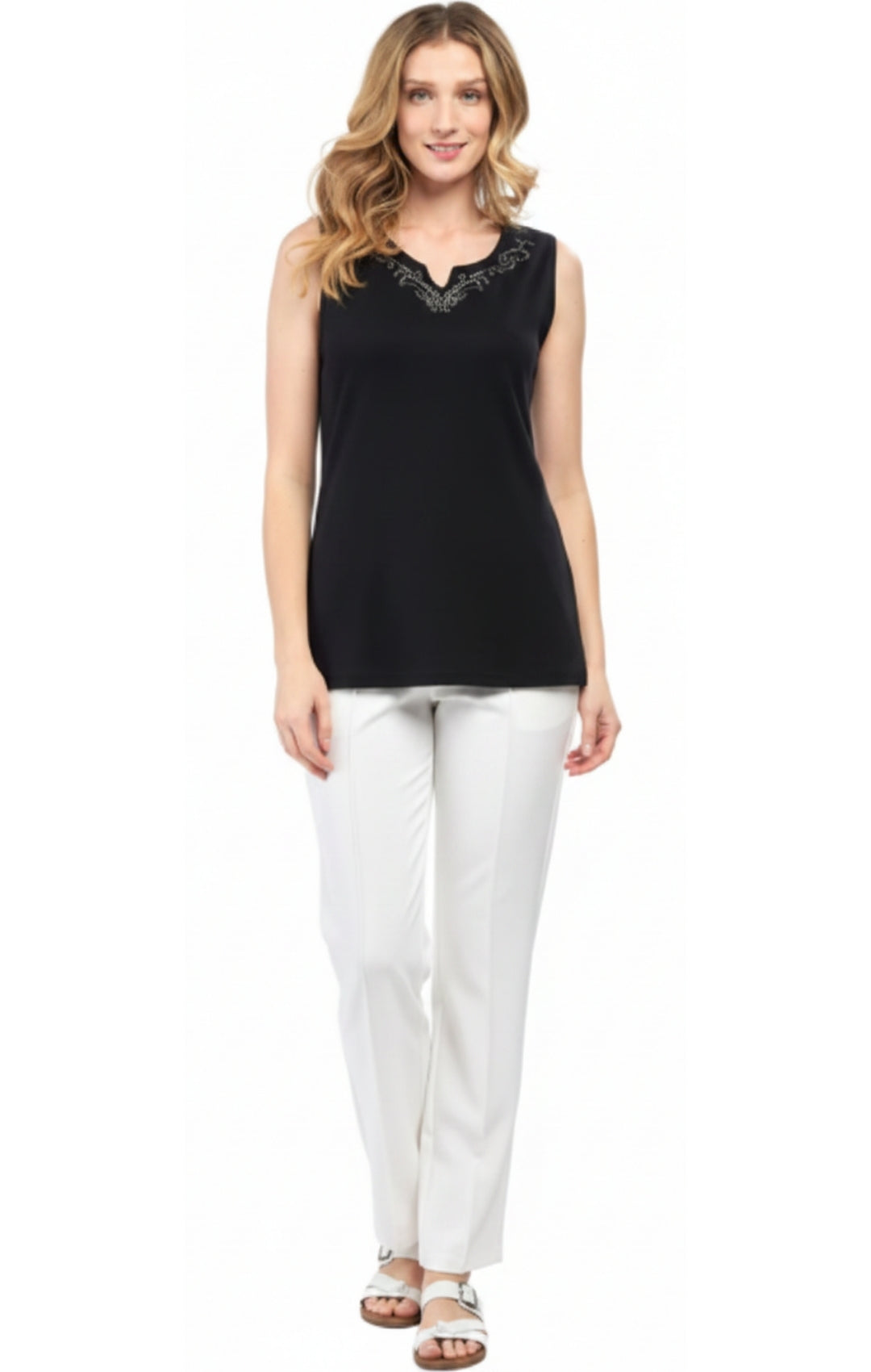 Turtle Bay Apparel Women's Rhinestone Notch V-neck Knitted Tank Top – Black Full Length View