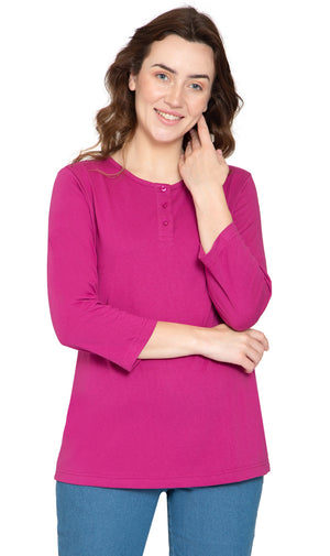 Women's Three Quarter Sleeve Henley ÔÇô Comfort in Every Color! - Deep Orchid - Front - TURTLE BAY APPAREL