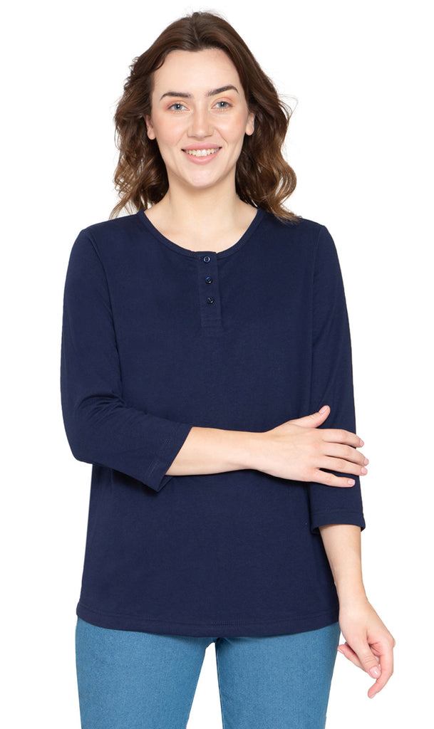 Women's Three Quarter Sleeve Henley ÔÇô Comfort in Every Color! - Navy - Front - TURTLE BAY APPAREL