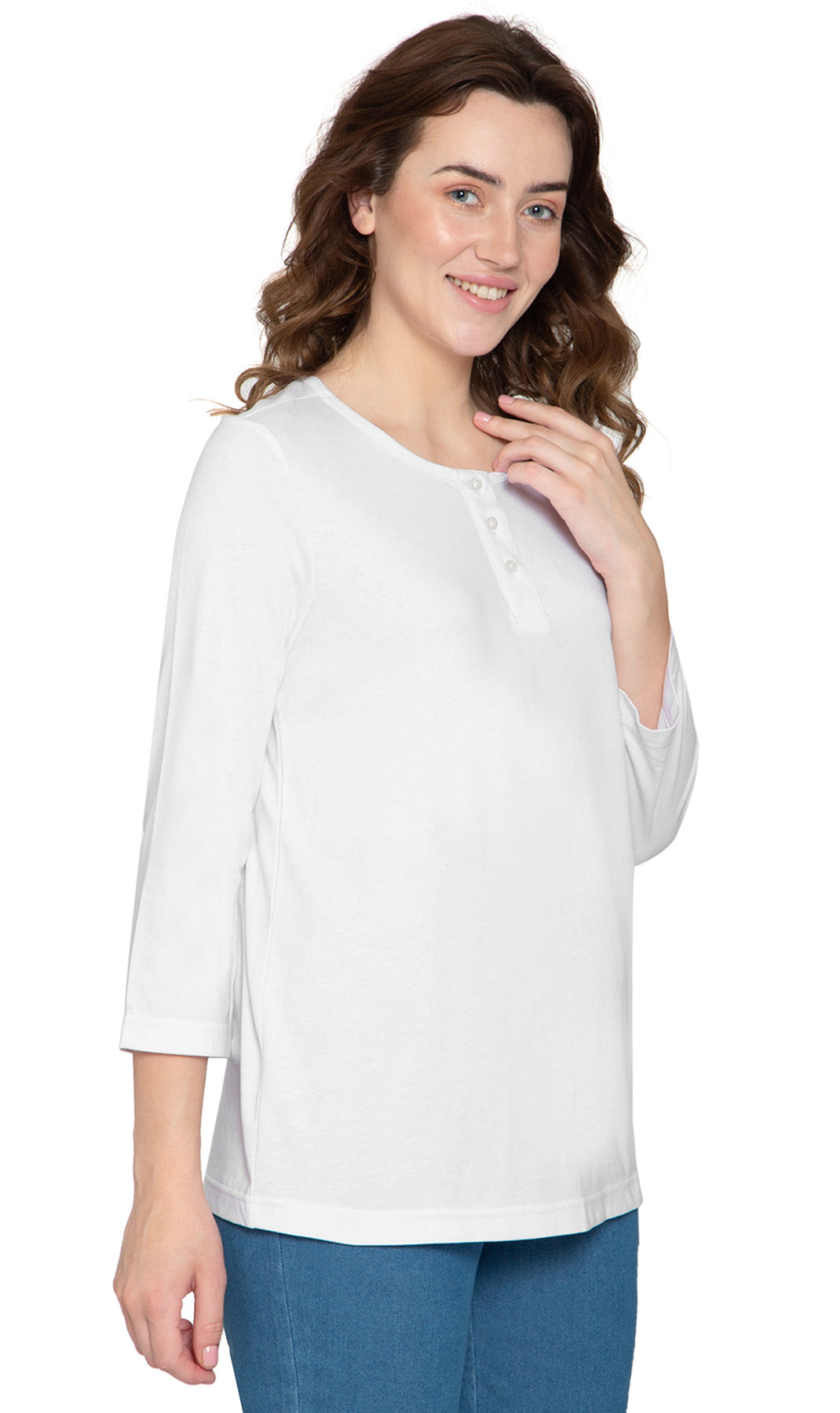 Women's Three Quarter Sleeve Henley ÔÇô Comfort in Every Color!- White - Side -  TURTLE BAY APPAREL