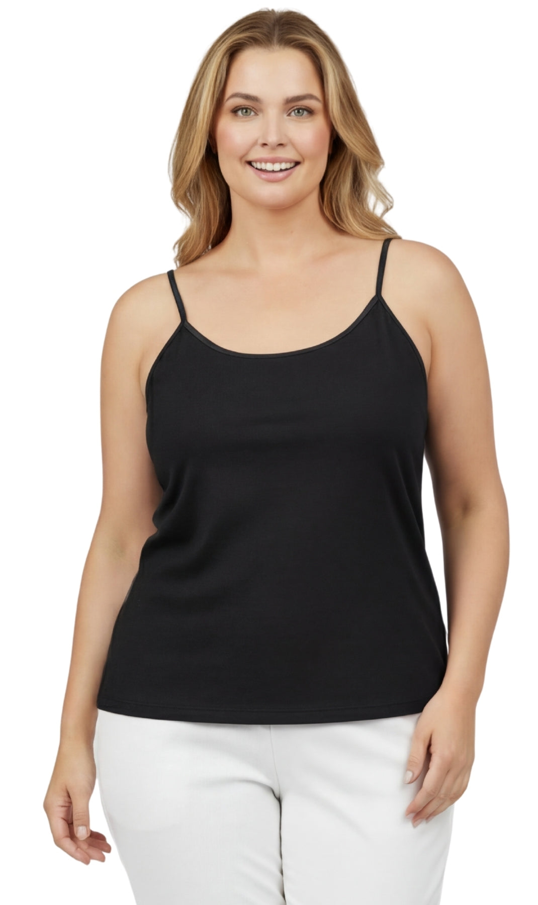 Turtle Bay New York Women's Essential Adjustable Strap Camisole in Soft Cotton Blend Fabric with a built in Shelf Bra Black Front