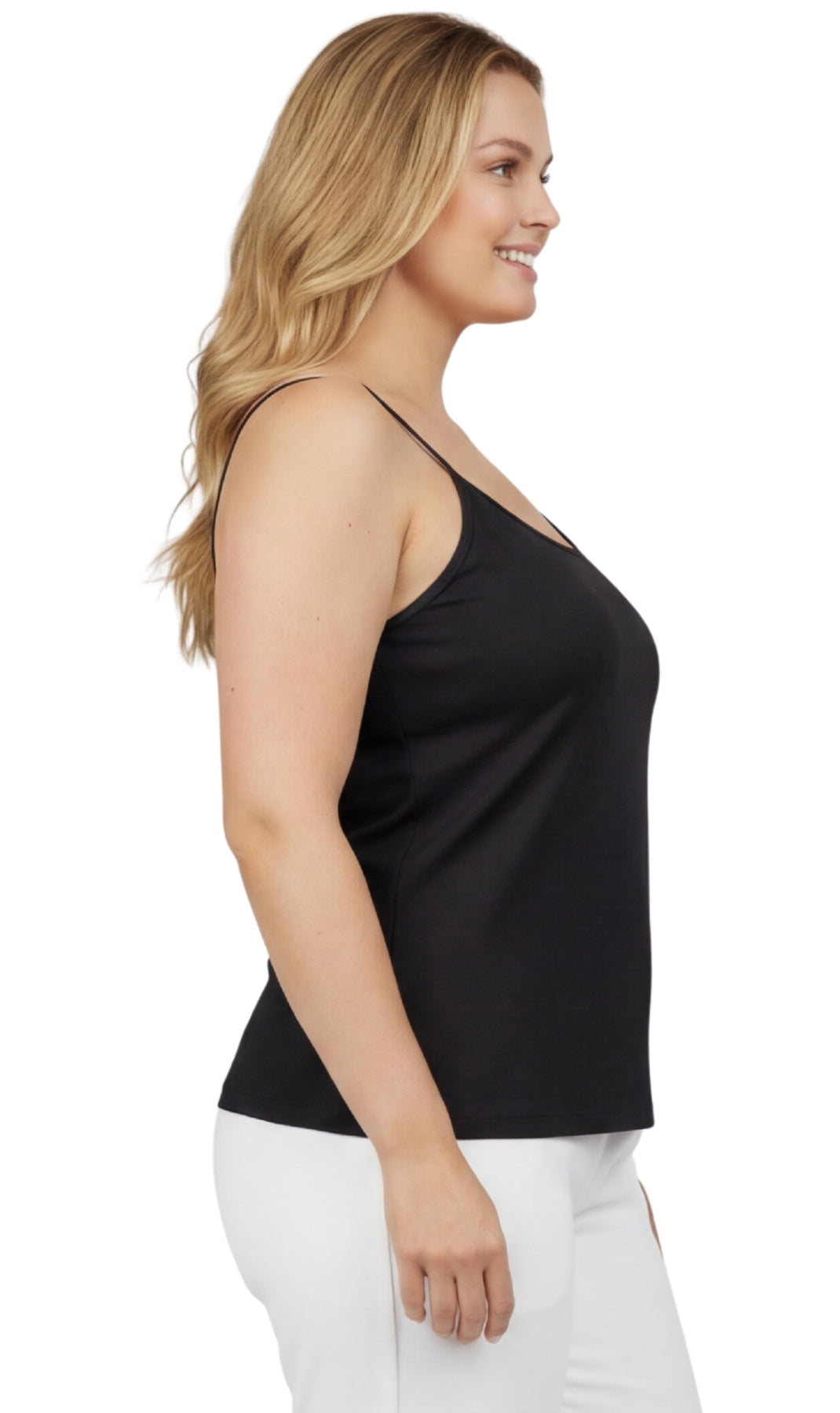 Turtle Bay New York Women's Essential Adjustable Strap Camisole in Soft Cotton Blend Fabric with a built in Shelf Bra Black Side 