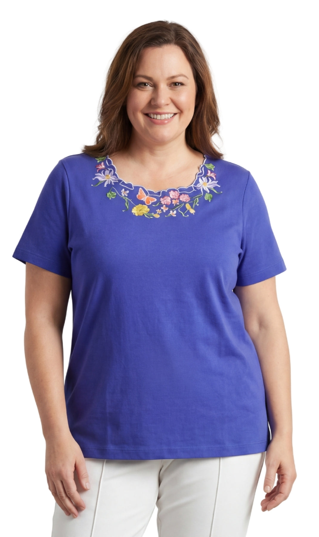 Turtle Bay New York Women's Scalloped Neckline Embellished Tee sappire front