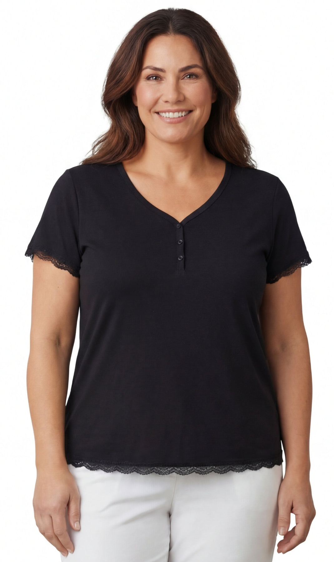 Turtle Bay New York Women's V-neck Short Sleeve Tshirt with A Three Button Placket black front