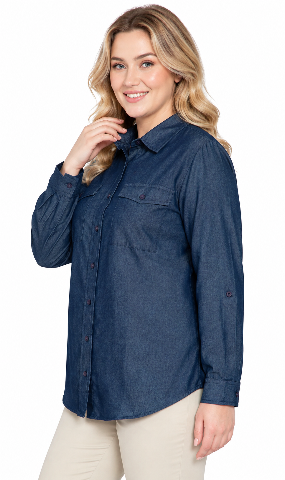 Women's Long Sleeve Button Down Denim Shirt with Front Pocket 4