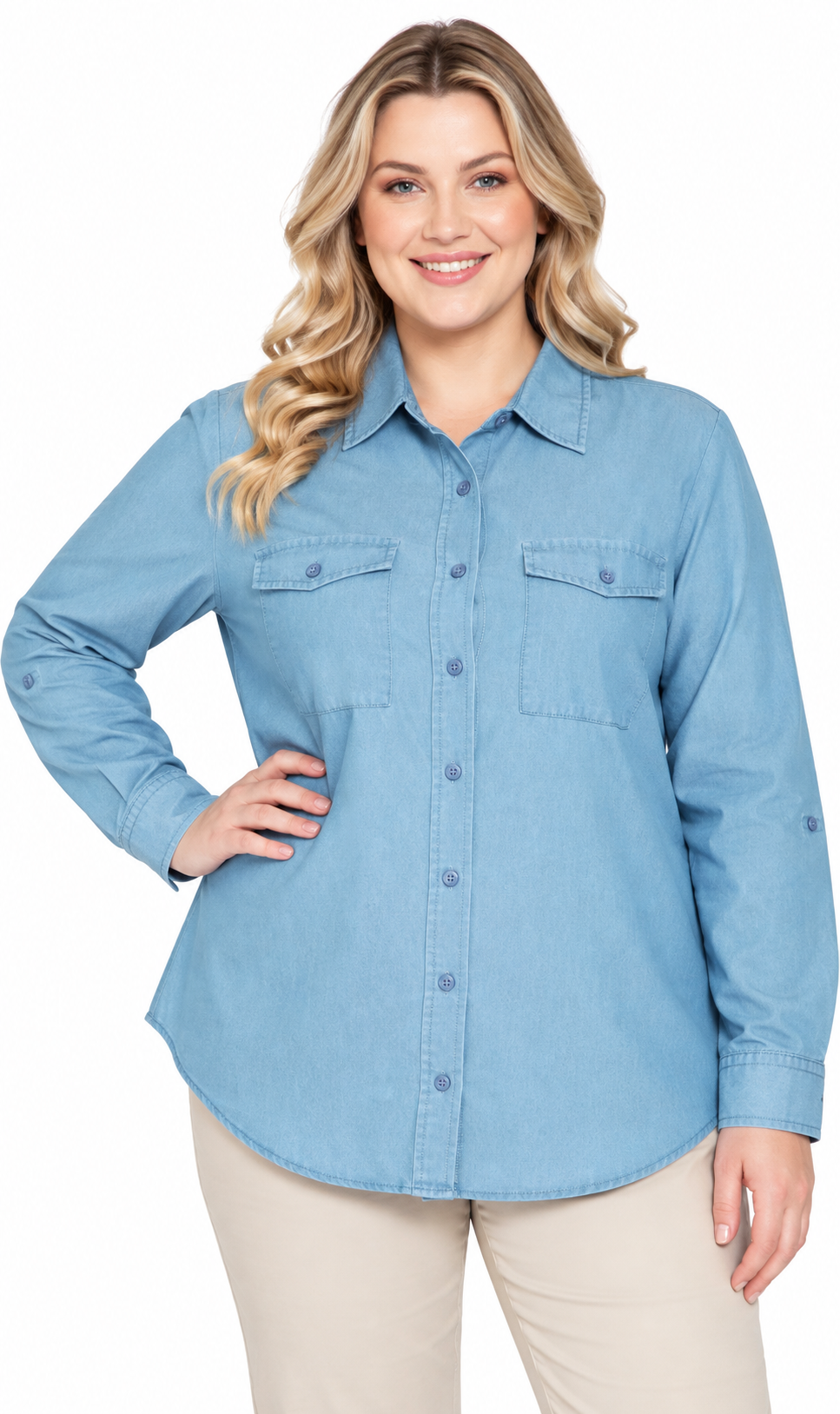 Women's Long Sleeve Button Down Denim Shirt with Front Pocket 7