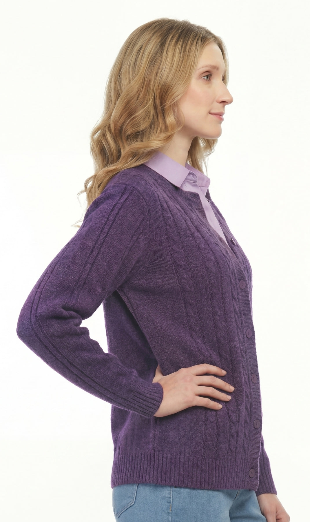 Women's Classic Button Front Cable Knit Cardigan in Soft Acryllic 5
