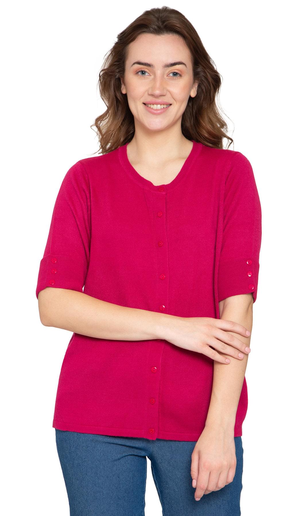 Women's Button Front Cardigan - Unique Elbow Cuff Adds Fifties Flair - Berry- Front - TURTLE BAY APPAREL