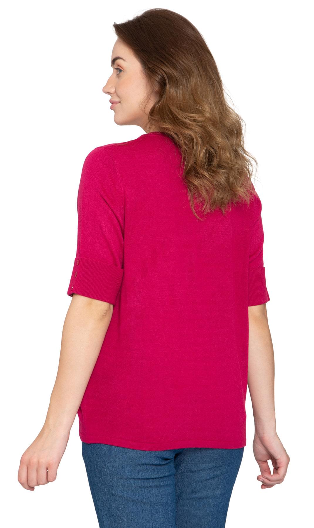 Women's Button Front Cardigan - Unique Elbow Cuff Adds Fifties Flair - Berry - Back -TURTLE BAY APPAREL