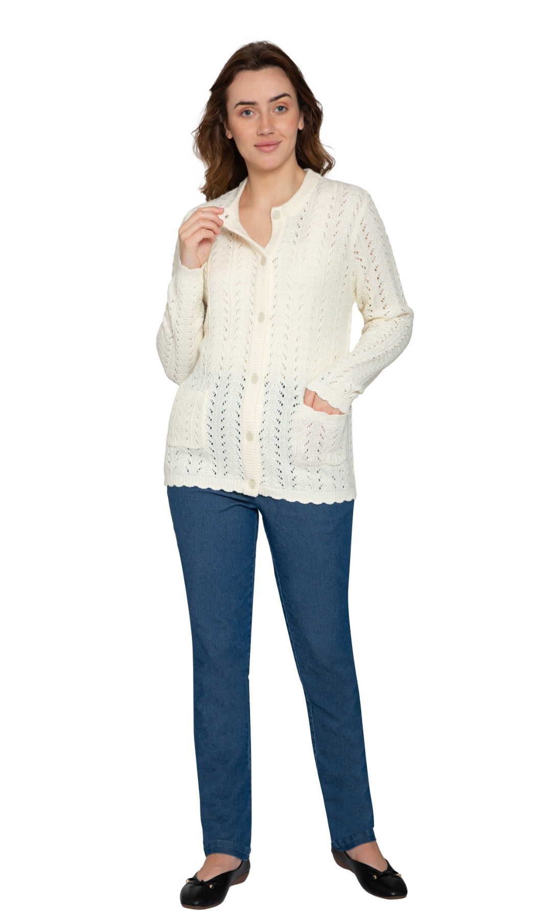 Women's Button Front Crochet Pointelle Cardigan with Pockets 5