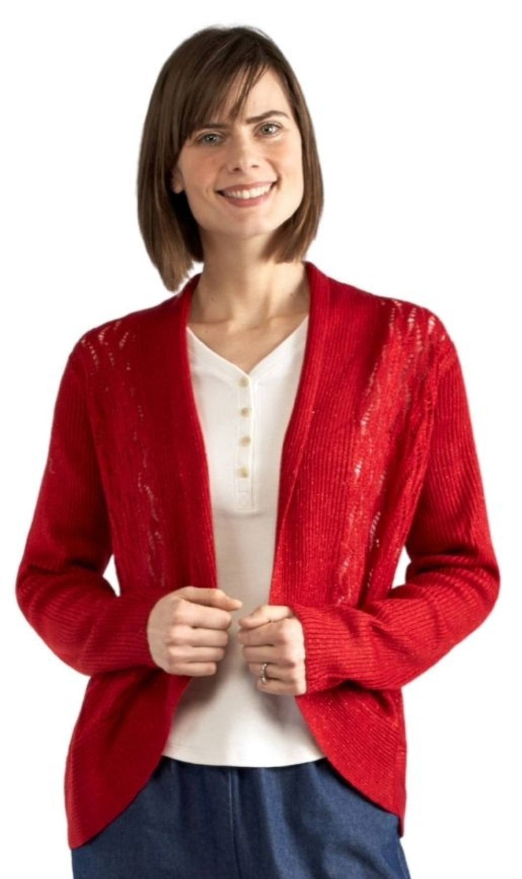 Turtle Bay New York Women's Open Front Glitter Shrug in Soft Acryllic red front