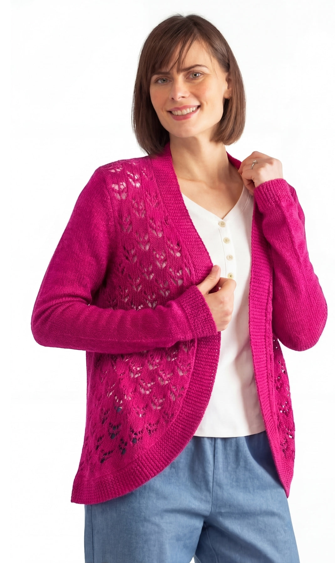 Turtle Bay New York Women's Open Front Curved Hem Pointelle Shrug in Soft Acrylic berry front1