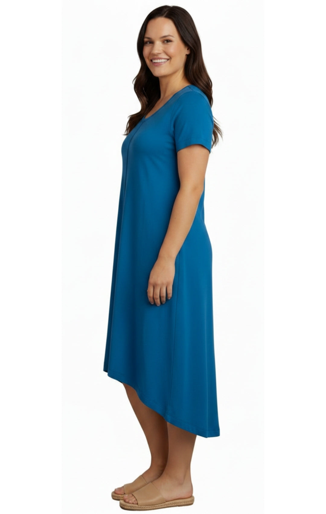 Women's Knit Wide Scoop Neck Short Sleeve Dress in A-line Asymmetrical Hem 10