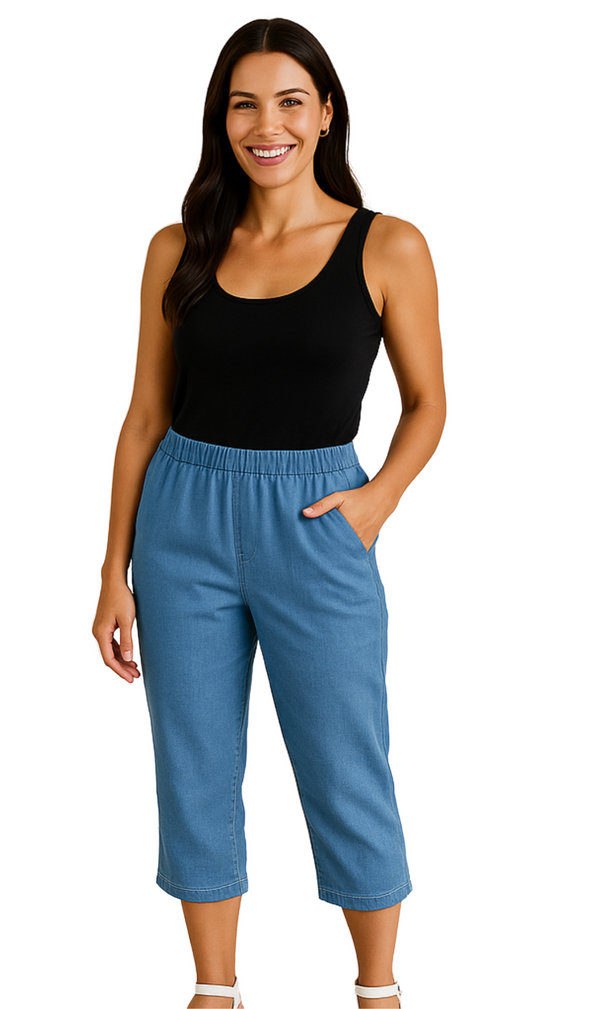 Women's Elastic Waist Pull On Stretch Denim & Twill Capri with side pockets