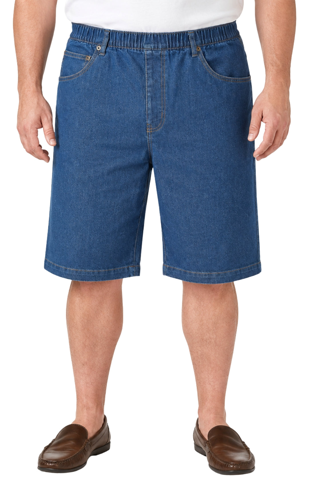 Person wearing blue denim shorts on a white background