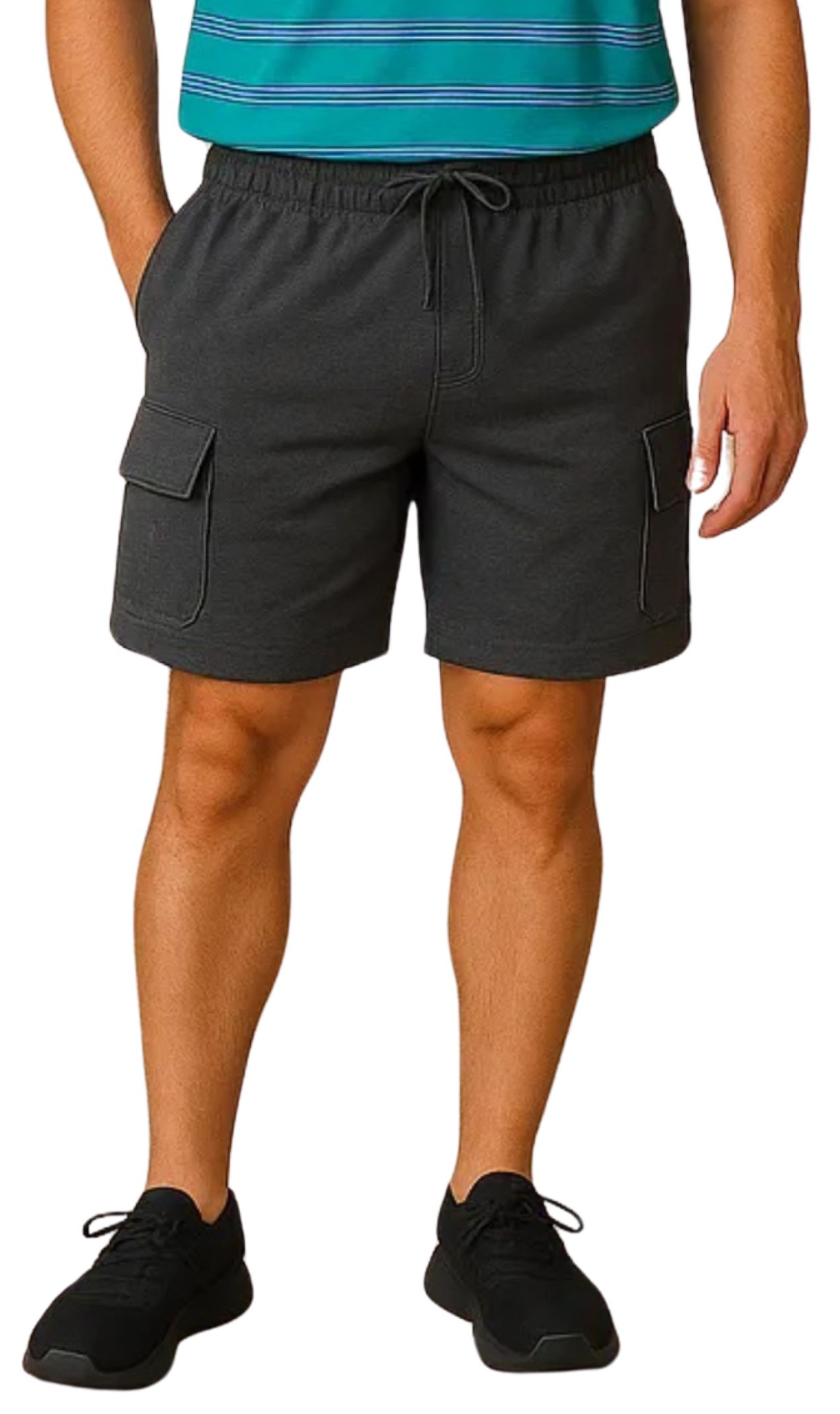 Person wearing black cargo shorts on a white background