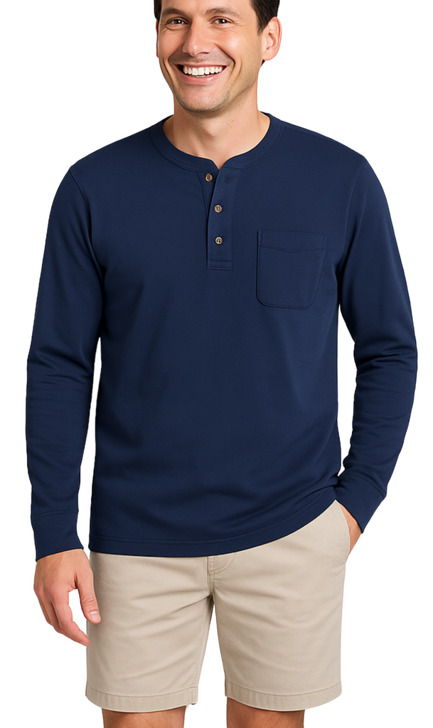 Man wearing a navy long-sleeve henley shirt with a pocket 20408 Navy Front