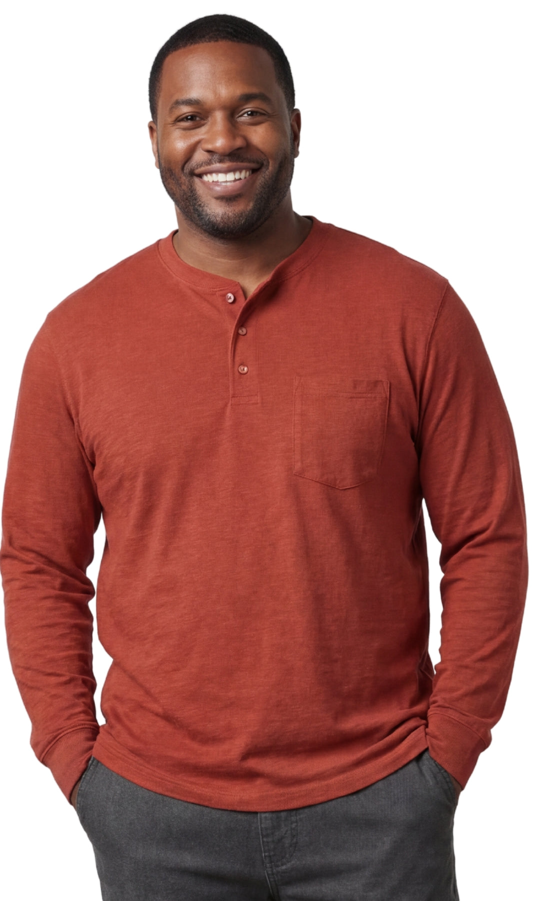 Turtle Bay New York Men's Long Sleeve Henley shirt in cotton blend with 3 Button Placket & Chest Pocket redwood front
