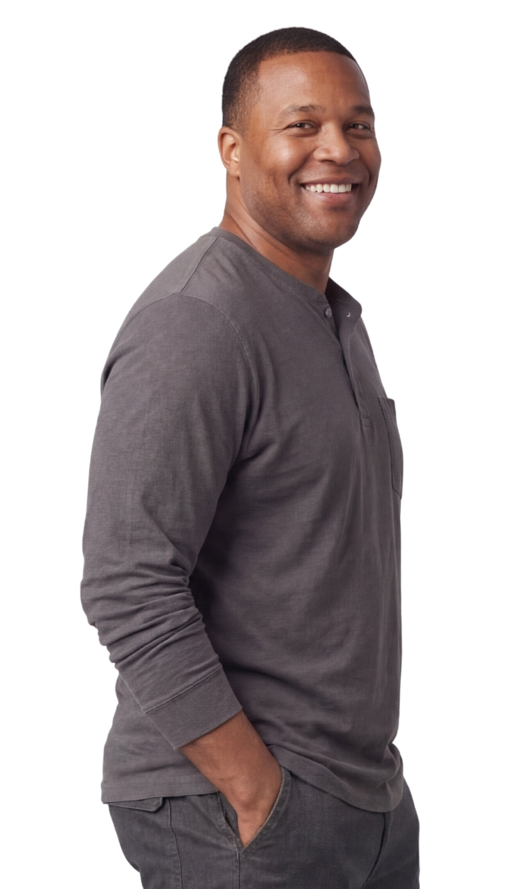 Turtle Bay New York Men's Long Sleeve Henley shirt in cotton blend with 3 Button Placket & Chest Pocket charcoal side