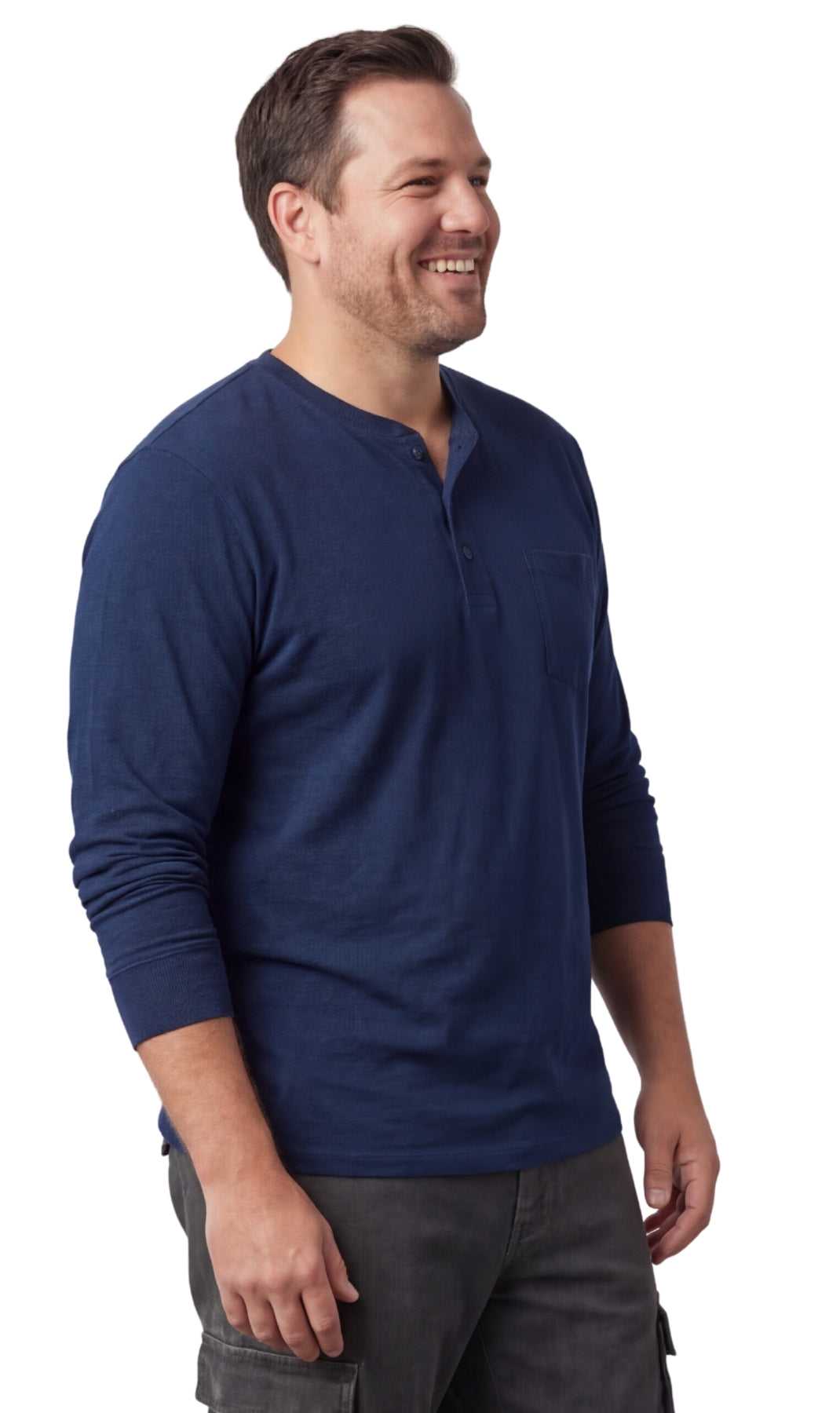 Turtle Bay New York Men's Long Sleeve Henley shirt in cotton blend with 3 Button Placket & Chest Pocket navy side