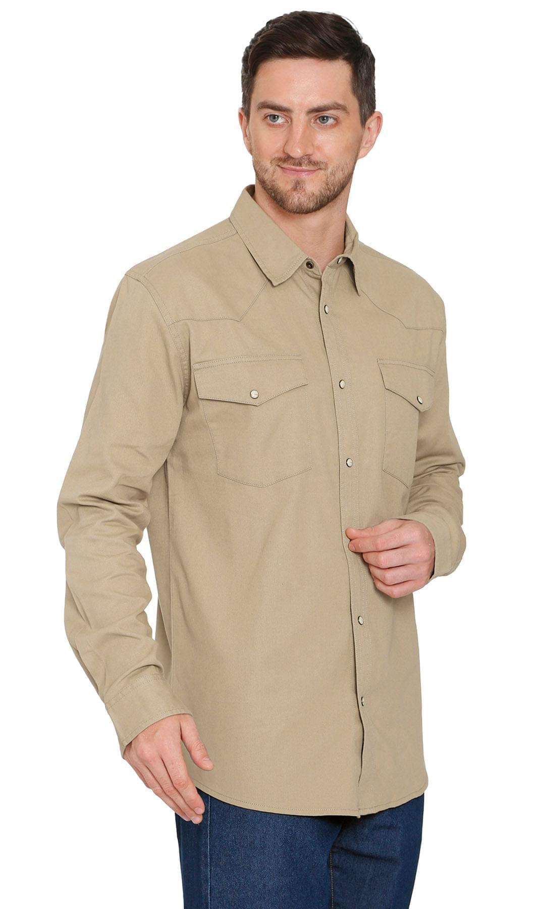 Mens Western Snap Front Shirt -  Khaki - Front - TURTLE BAY APPAREL